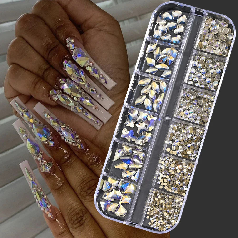 12-Grid 3D Glass AB Crystal Nail Art Rhinestones Kit – Flatback Round Beads with Tools for Nail Jewelry & Diamond Decoration
