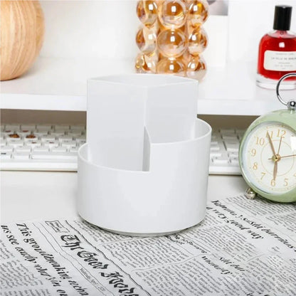 Rotating Pen Holder Organizer - 3 Slot Desktop Stationery & Makeup Brush Storage Box for Office and School