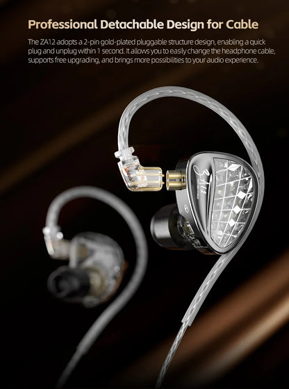 KZ ZA12 2DD+4BA Hybrid IEM Headphones – Wired In-Ear Monitor with Adjustable Tuning, HiFi Sound, Sports & Gaming Noise-Canceling Earphones