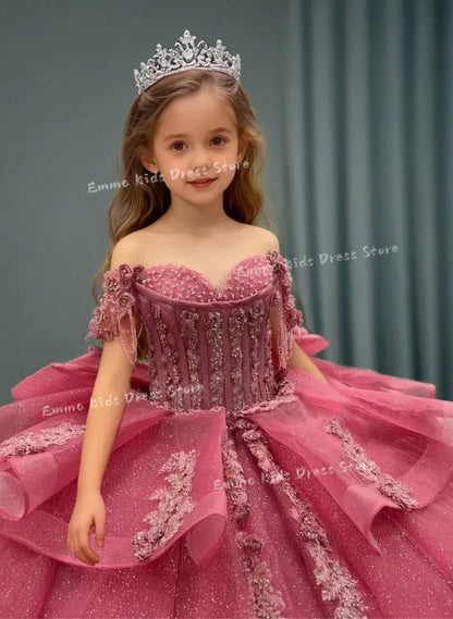 Lace Flower Girl Dress - 3D Floral Appliqué, Beading & Long Bow Ball Gown