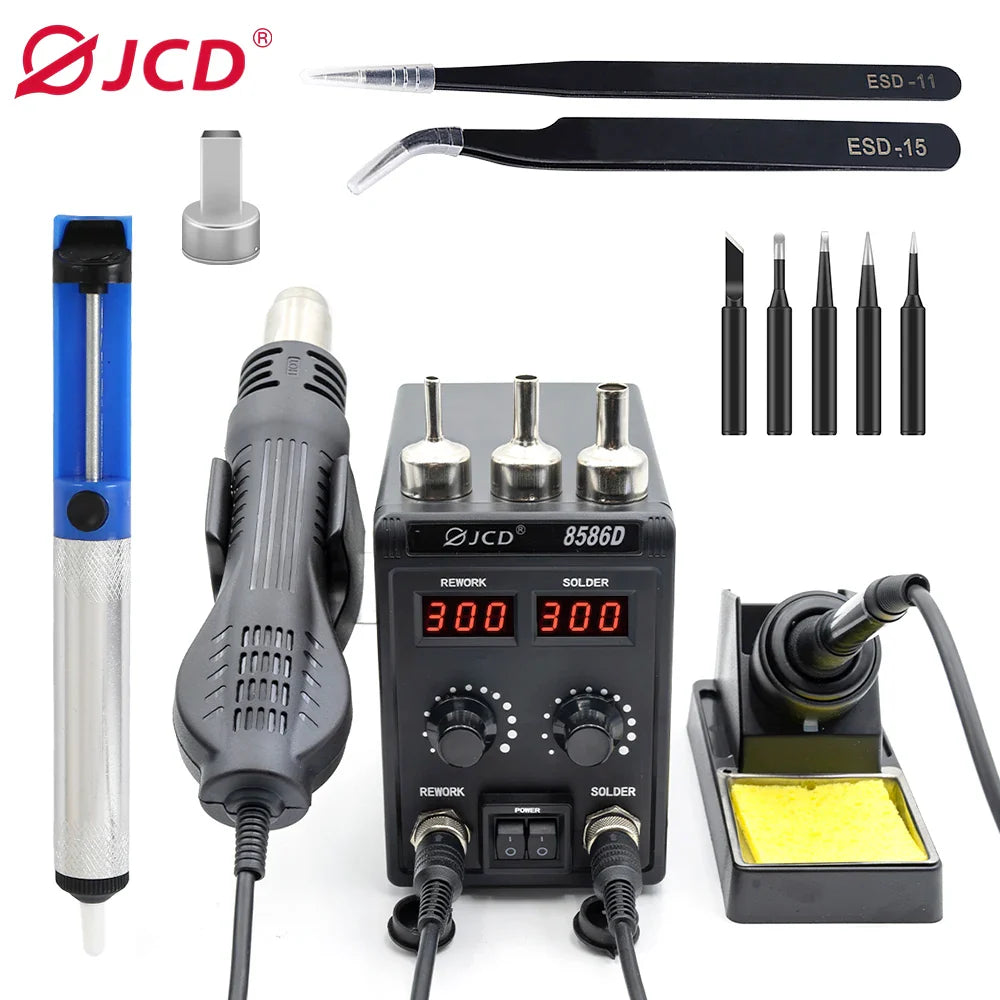 JCD 8586D 2-in-1 750W Soldering Station with Hot Air Gun – LCD Digital Display Electric Soldering Iron for SMD Welding & Rework