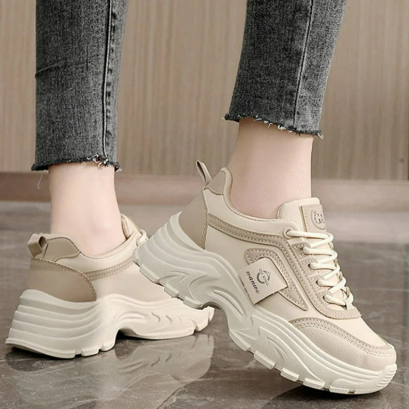 Women’s Leather Sneakers – Height-Increasing Lace-Up Platform Shoes, Casual Outdoor Vulcanized Designer Footwear