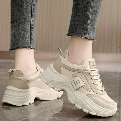 Women’s Leather Sneakers – Height-Increasing Lace-Up Platform Shoes, Casual Outdoor Vulcanized Designer Footwear