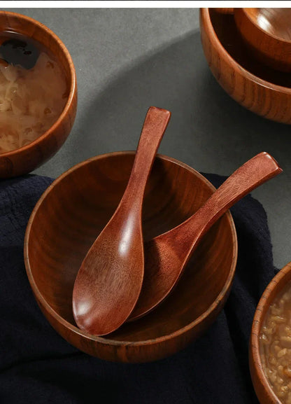 Wooden Soup Spoon — Long & Short Handle Kitchen Utensil for Korean & Japanese Cooking, Ramen & Daily Use