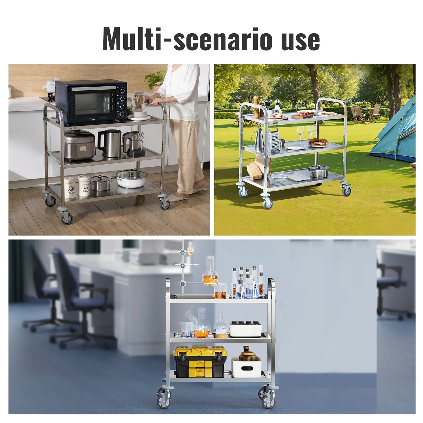 VEVOR Stainless Steel Lab Utility Cart – 1/2/3 Tier Medical & Kitchen Cart with Lockable Wheels