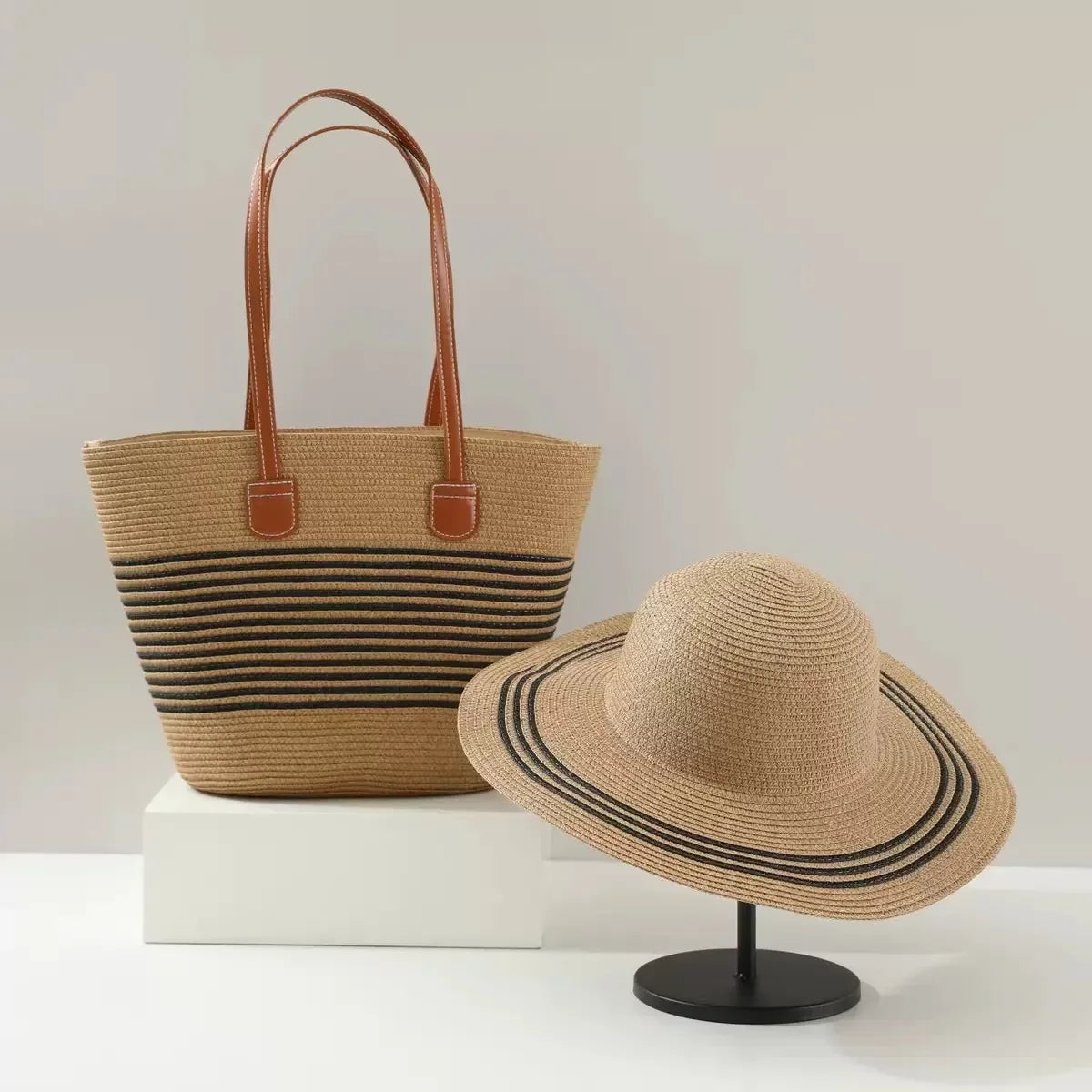 French Style Straw Handbag & Summer Beach Hat Set – Woven Bucket Bag with Fine Stripes