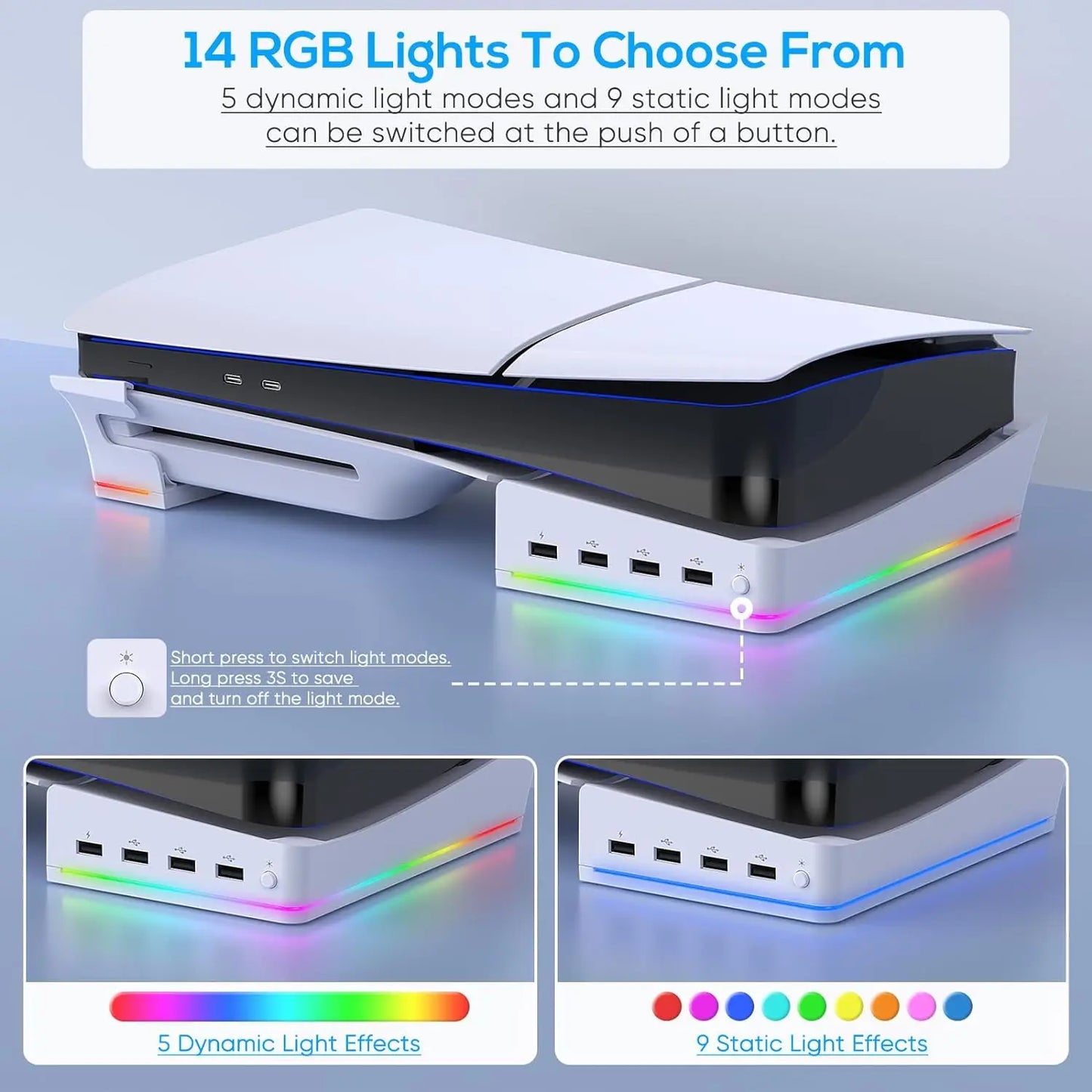 IPEGA Horizontal Stand with RGB LED Light for PS5 Slim - Console Stand Holder with 14 Light Modes and 4 USB Ports