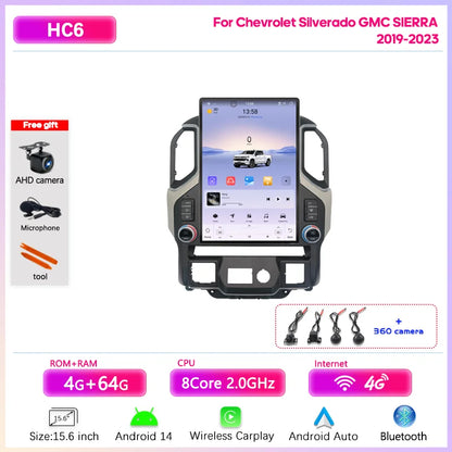 15.6" Car Multimedia Player - GPS Navigation, CarPlay, Android Auto, 4G & WiFi for Chevrolet Silverado & GMC Sierra 2019-2023