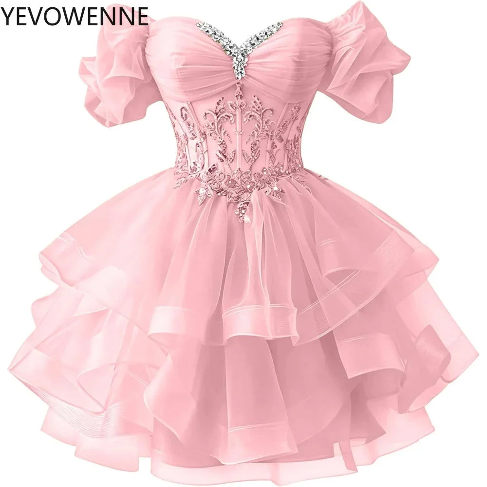 Beaded Lace Homecoming Dress - Short Tiered Tulle Sequin Prom & Quinceañera Gown