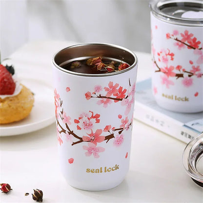 Cherry Blossom Stainless Steel Thermal Travel Mug – Leak-Proof Double Wall Coffee Cup with Lid