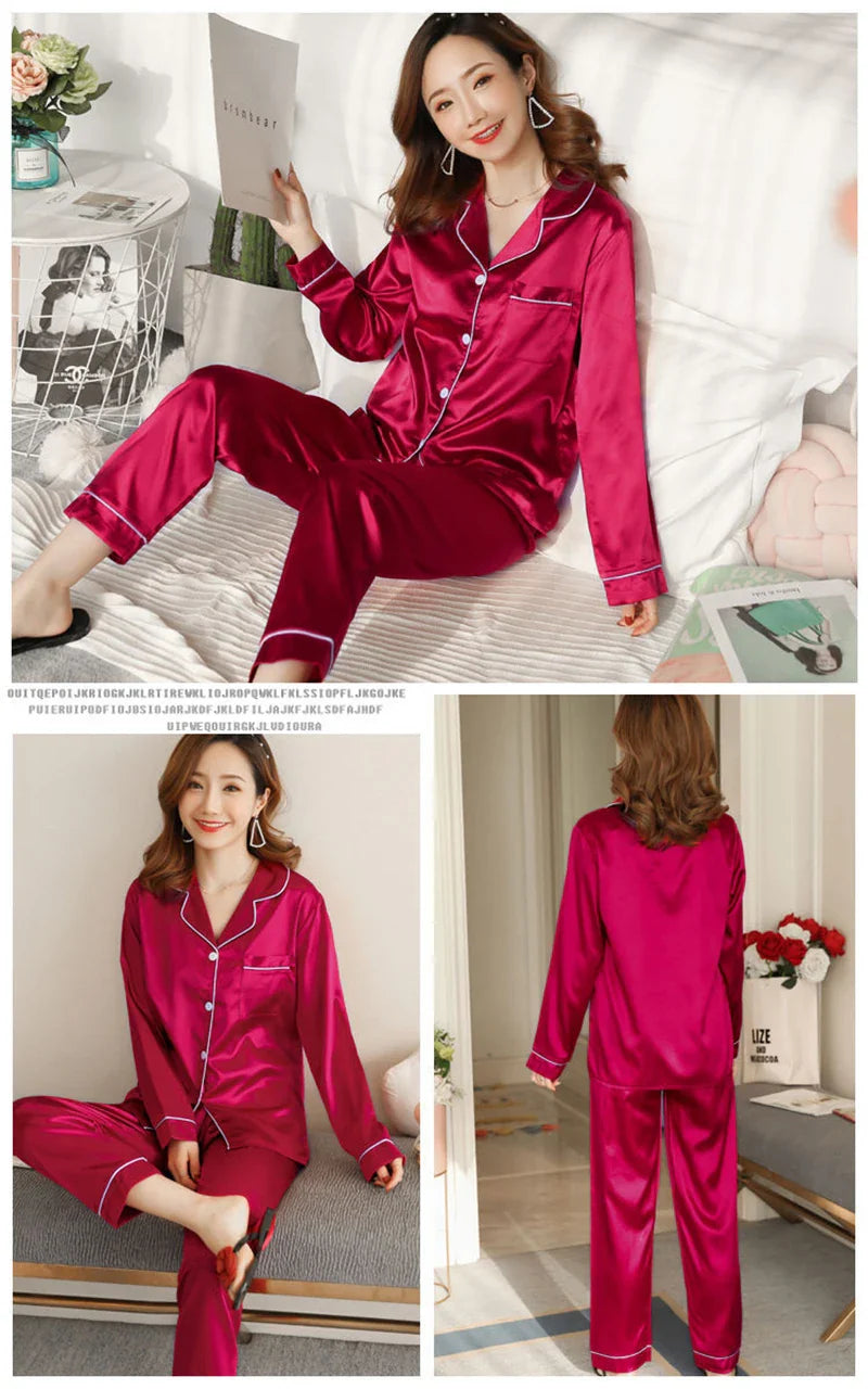 2024 Women's Silk Pajama Set – Sexy Long-Sleeve Cardigan Sleepwear, Ice Silk Pijamas for Home Comfort