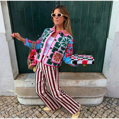 2025 Women’s Printed Quilted Padded Jacket – Collared Cotton Coat with Contrast Piped Pockets, Casual Autumn Outerwear