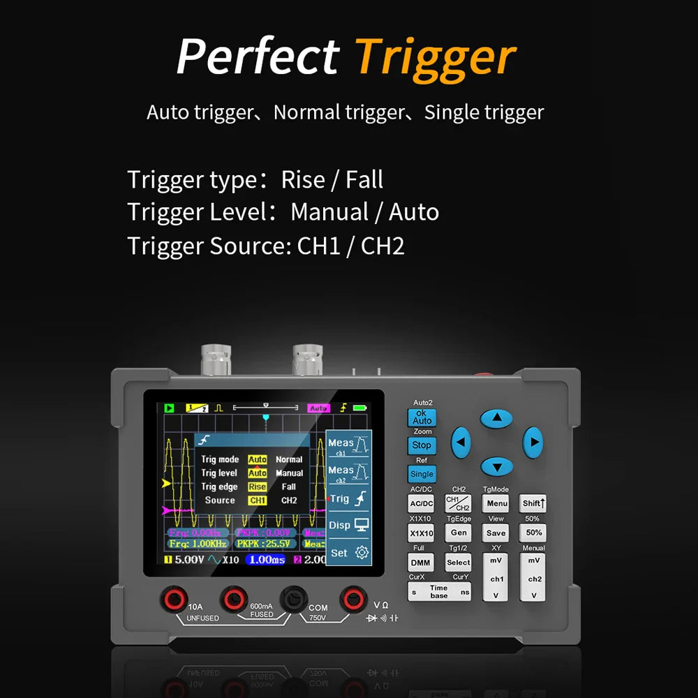 3-in-1 Digital Oscilloscope - Handheld Multimeter Signal Generator, Dual Channel 120MHz Bandwidth, 250MSa/s Sampling Rate   2/2