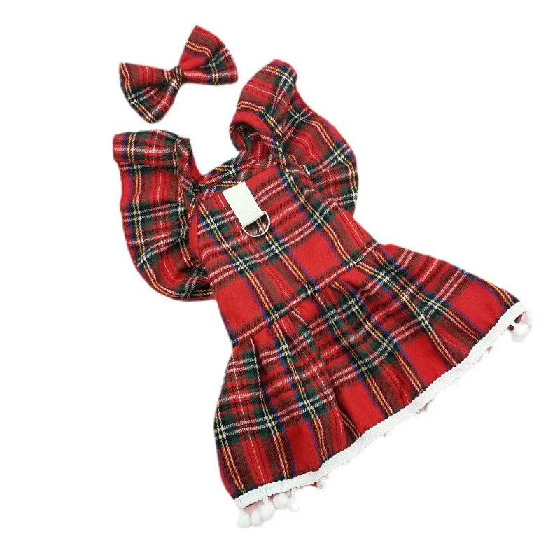 Christmas Dog Dress with Straps - Festive Autumn/Winter Skirt for Small Dogs, Cat Pet Clothing in Checker Pattern for Holiday Cosplay