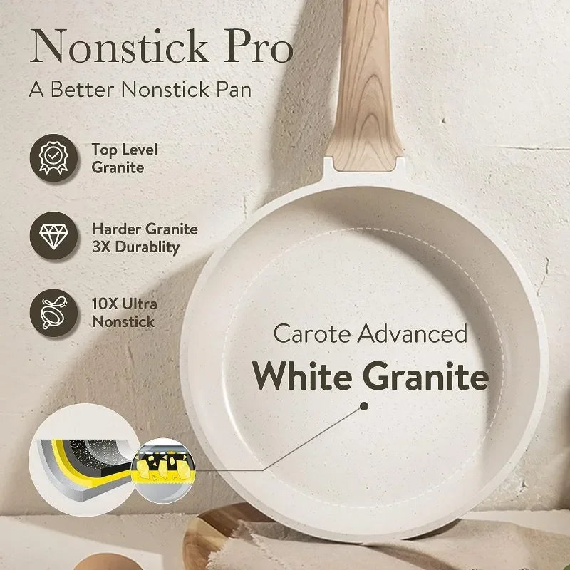 CAROTE 21 Piece White Granite Nonstick Cookware Set - Induction-Ready Pots, Pans, and Frying Pans