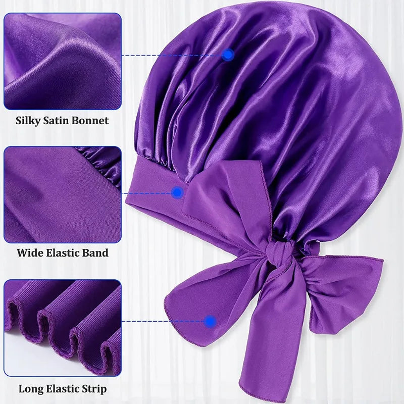 Satin Nightcap for Women - Wide Stretch, Extra-Large Long Tail, Shower Cap with Ribbon, Round Hat Hair Bonnet