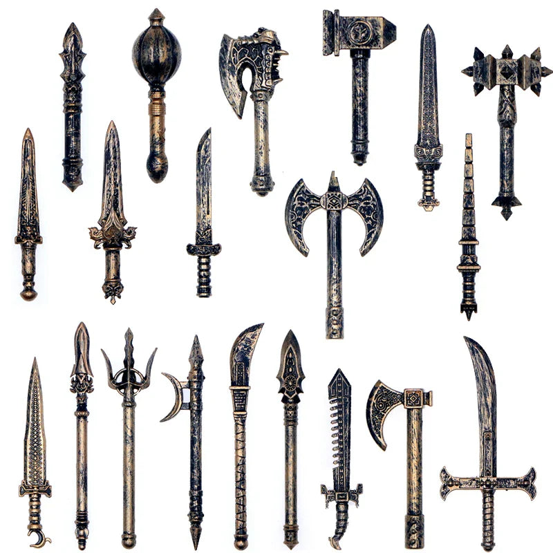 Medieval Figure Weapons Building Blocks Kit – King Sword, Lion Shield, Trident & Double-Edged Axe Battle Toy