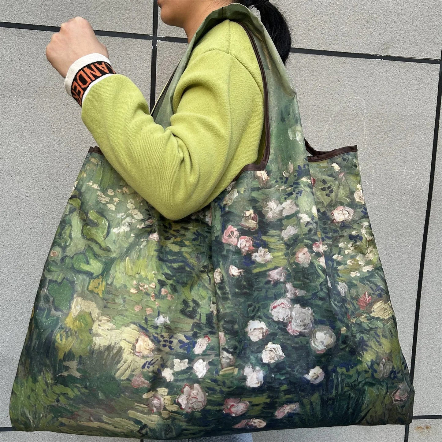 Flower Oil Painting Foldable Shopping Tote Bag – Large Capacity Reusable Portable Shoulder Handbag for Travel, Beach & Grocery Storage