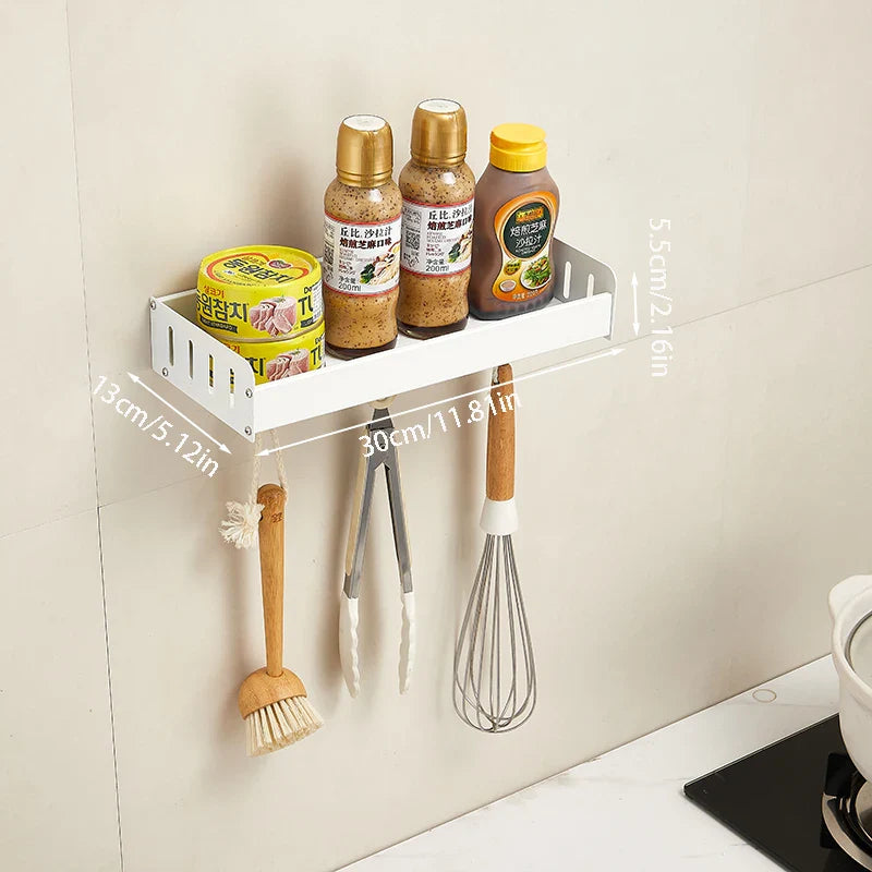 Wall-Mounted Kitchen Spice Rack Organizer with Hanging Hooks – Kitchen Storage Shelf for Condiments