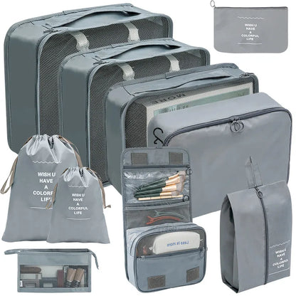 7/8/9/10-Piece Travel Organizer Storage Bags Set - Portable Packing Cubes for Suitcase, Luggage, Clothes, Shoes, Tidy Pouches, Folding Design