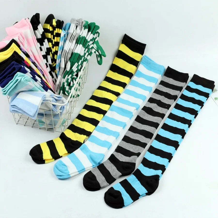 2024 Women's Striped Thigh High Stockings - Long Over-Knee Socks in Black, White & Pink for Cosplay & Harajuku Y2K Style
