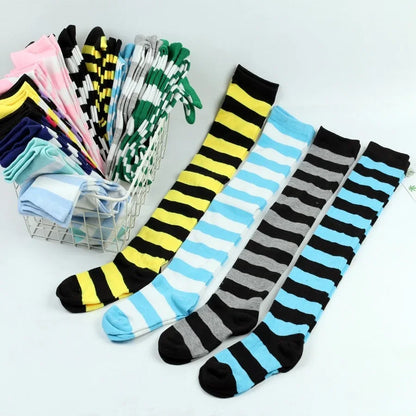 2024 Women's Striped Thigh High Stockings - Long Over-Knee Socks in Black, White & Pink for Cosplay & Harajuku Y2K Style