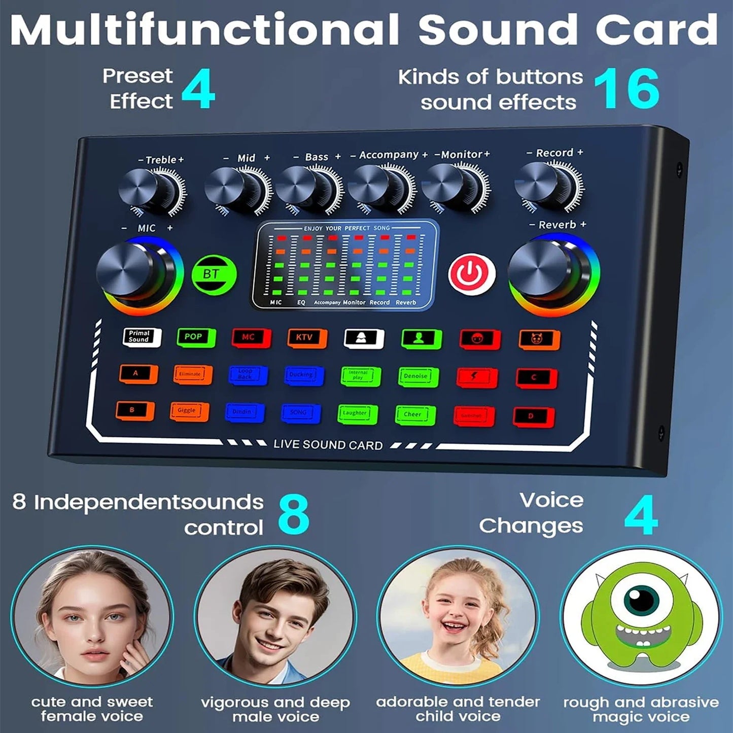 F009 Live Sound Card Mixer - Bluetooth DJ Audio Interface with Microphone Kit for Smartphone Live Streaming & Recording