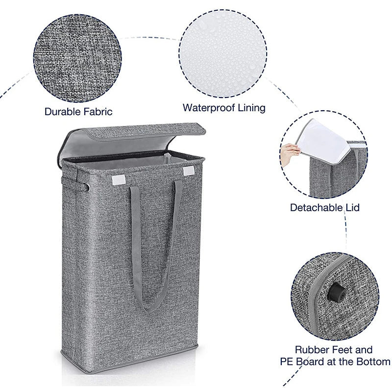 45L Thin Laundry Basket with Cover - Narrow Handled Dirty Laundry Basket for Bedroom and Kindergarten - Whole Basket Storage Bag