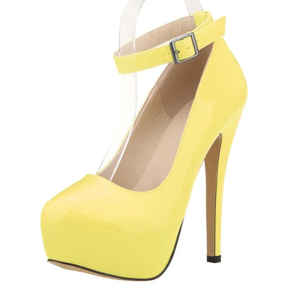 Women’s Patent Leather Stiletto Pumps – 14cm High Heels with Buckle Ankle Strap, Sexy Wedding & Fashion Shoes, Size 44