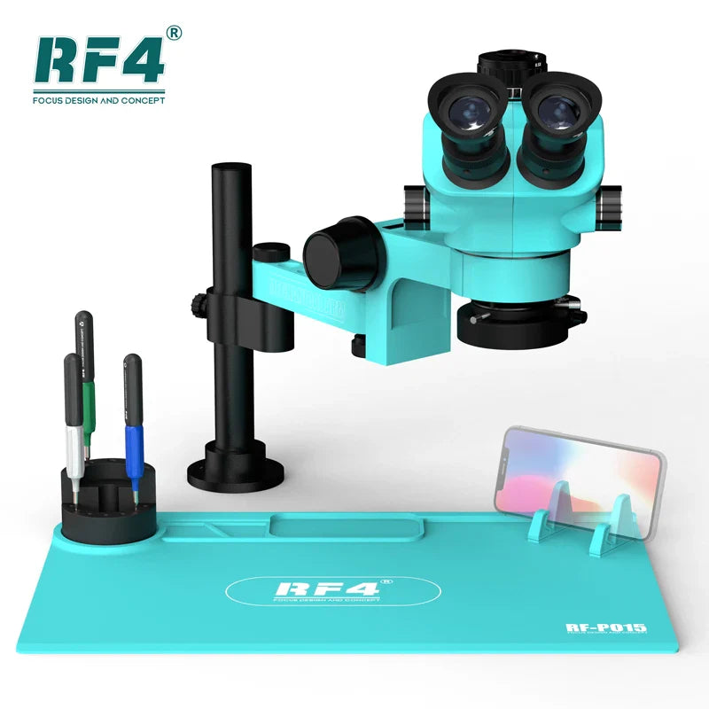RF4 Trinocular Stereo Microscope Set – 360° Rotation Articulating Arm Stand, Phone Soldering & PCB Repair, Model RF7050TVPRO-F019