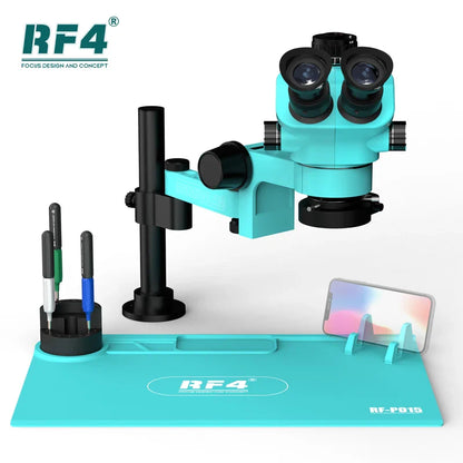 RF4 Trinocular Stereo Microscope Set – 360° Rotation Articulating Arm Stand, Phone Soldering & PCB Repair, Model RF7050TVPRO-F019
