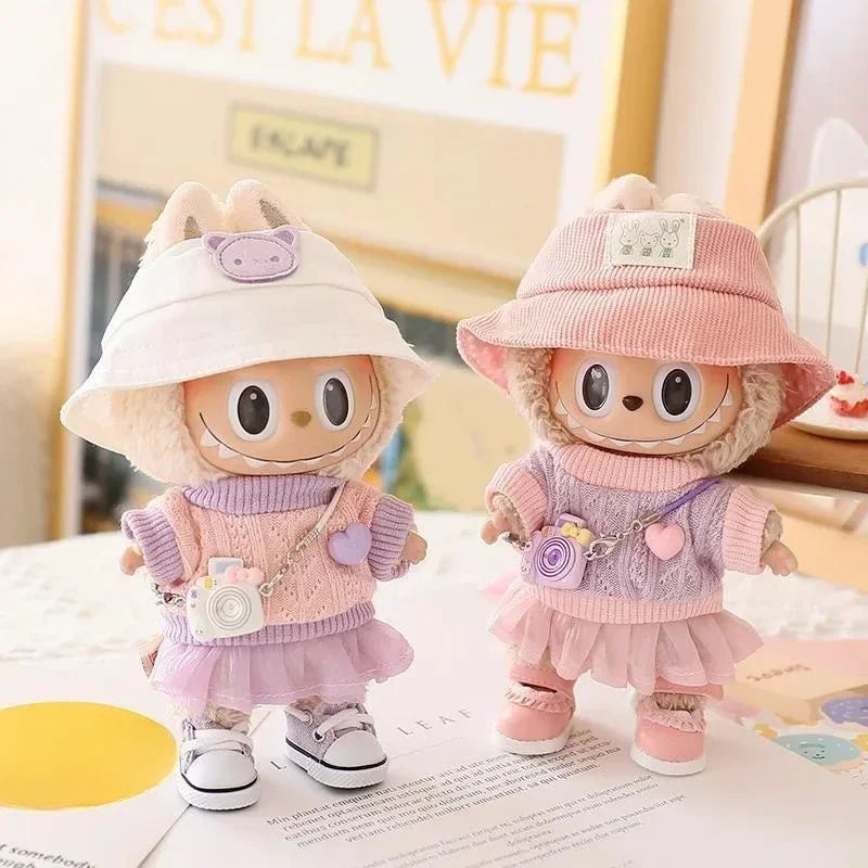 Mini Doll Clothes & Accessories — 15–17cm Labubu & 10cm Cotton Doll Outfit, Pink Hoodie & Yarn Skirt (No Doll)