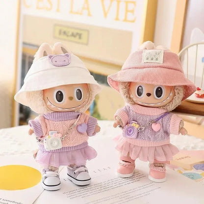 Mini Doll Clothes & Accessories — 15–17cm Labubu & 10cm Cotton Doll Outfit, Pink Hoodie & Yarn Skirt (No Doll)