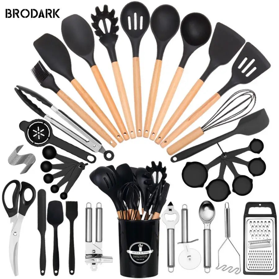 44pcs Premium Silicone Kitchen Utensil Set – Wooden Handles with Knife, Heat-Resistant Non-Stick Cooking Tools