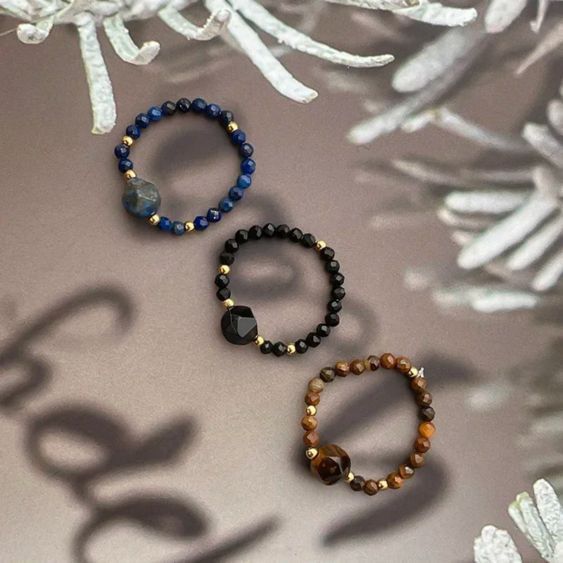 Natural Stone Beaded Rings for Women – Crystal Stainless Steel Elastic Handmade Fashion Ring Jewelry for Wedding & Party Wear
