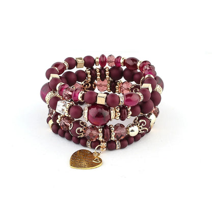 Bohemian Acrylic Beaded Bracelet Set – Solid Heart Charm Elastic Bangles for Women & Men, Retro Daily Wear Jewelry Gift