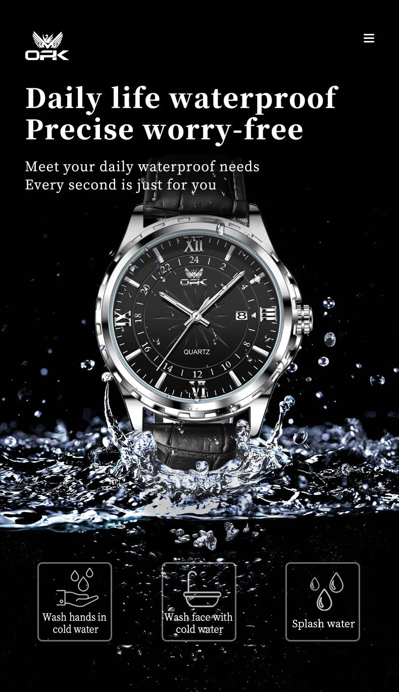 OPK Men's Quartz Watch — Steel Belt Dual Calendar Wristwatch Model 6003
