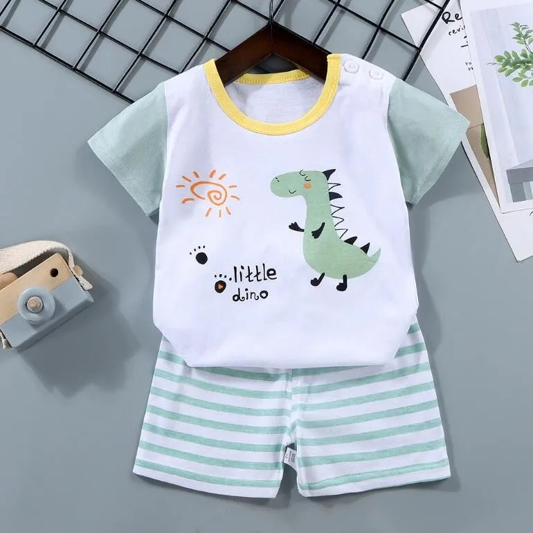 Kid Boy Summer 2-Piece Set – Soft Cotton Short Sleeve Tee & Stripe Shorts with Cartoon Zebra Print, Casual Sportswear for Ages 1-6