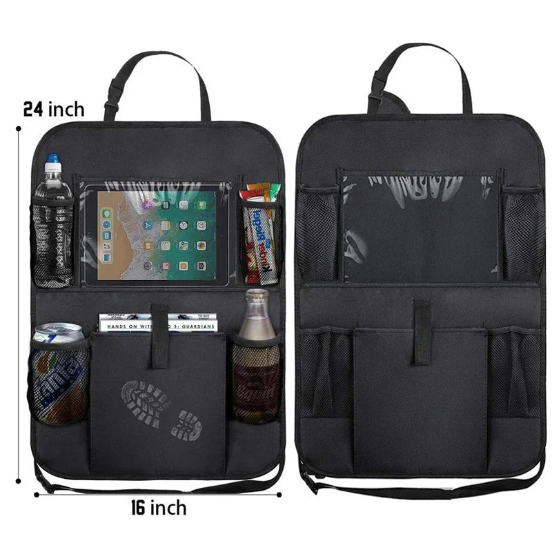 Car Backseat Organizer with Touch Screen Tablet Holder - Auto Storage Pockets & Seat Protectors
