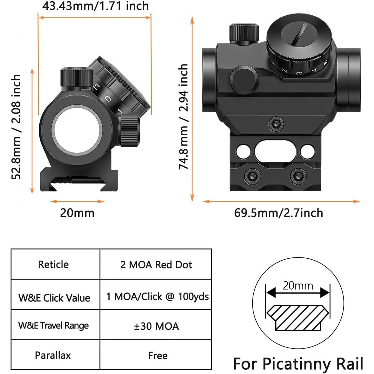 2MOA Red Dot Sight 1x25mm Reflex Scope – Waterproof, Shockproof, Fog-Proof with 1-Inch Riser Mount for Rifles