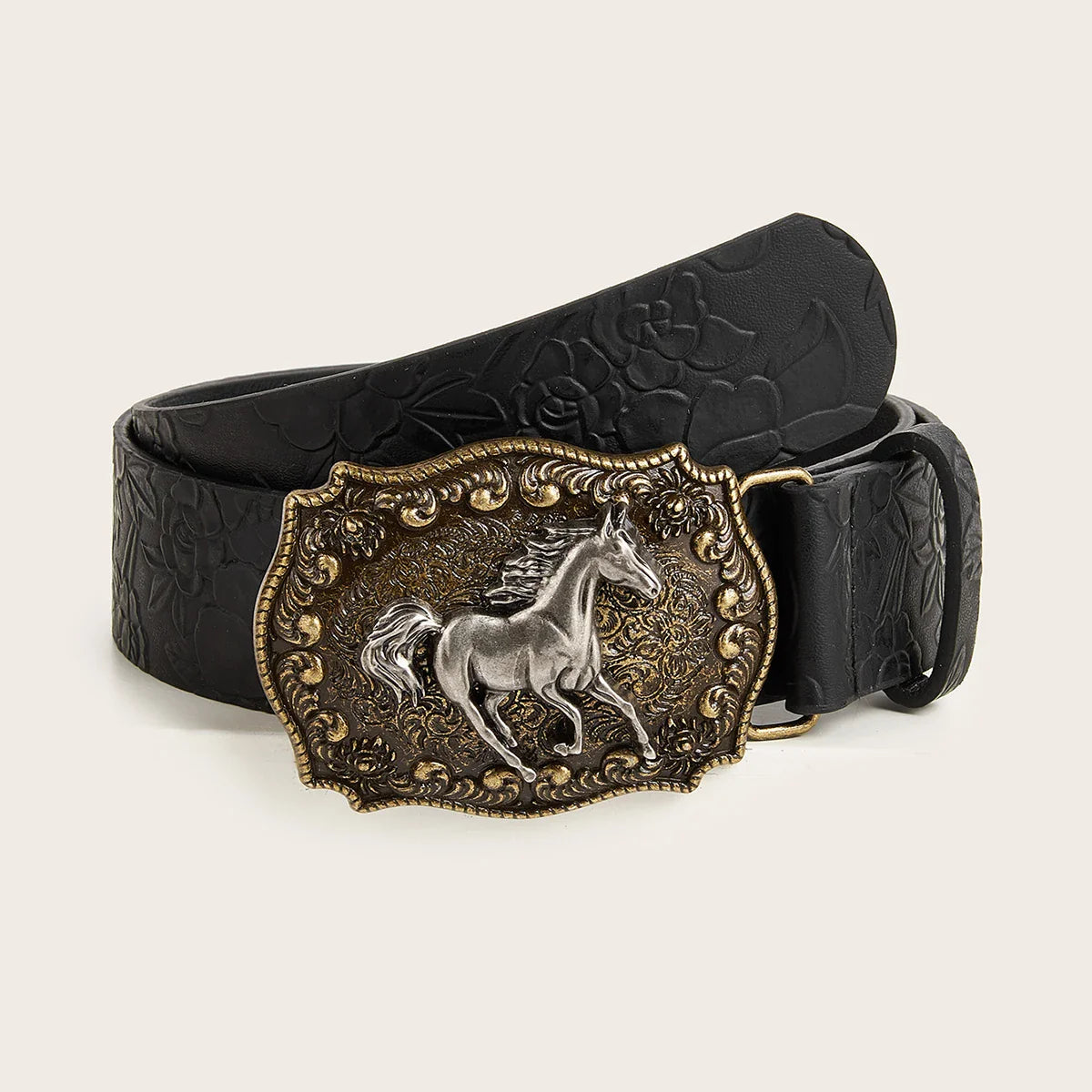 Neutral Horse Head Buckle PU Belt – Fashionable Peony Pattern Design