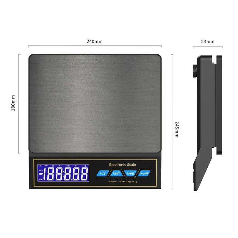 LCD Digital Kitchen Scale 30kg/1g – Rechargeable Stainless Steel Precision Electronic Weighing Scale for Food, Baking & Jewelry