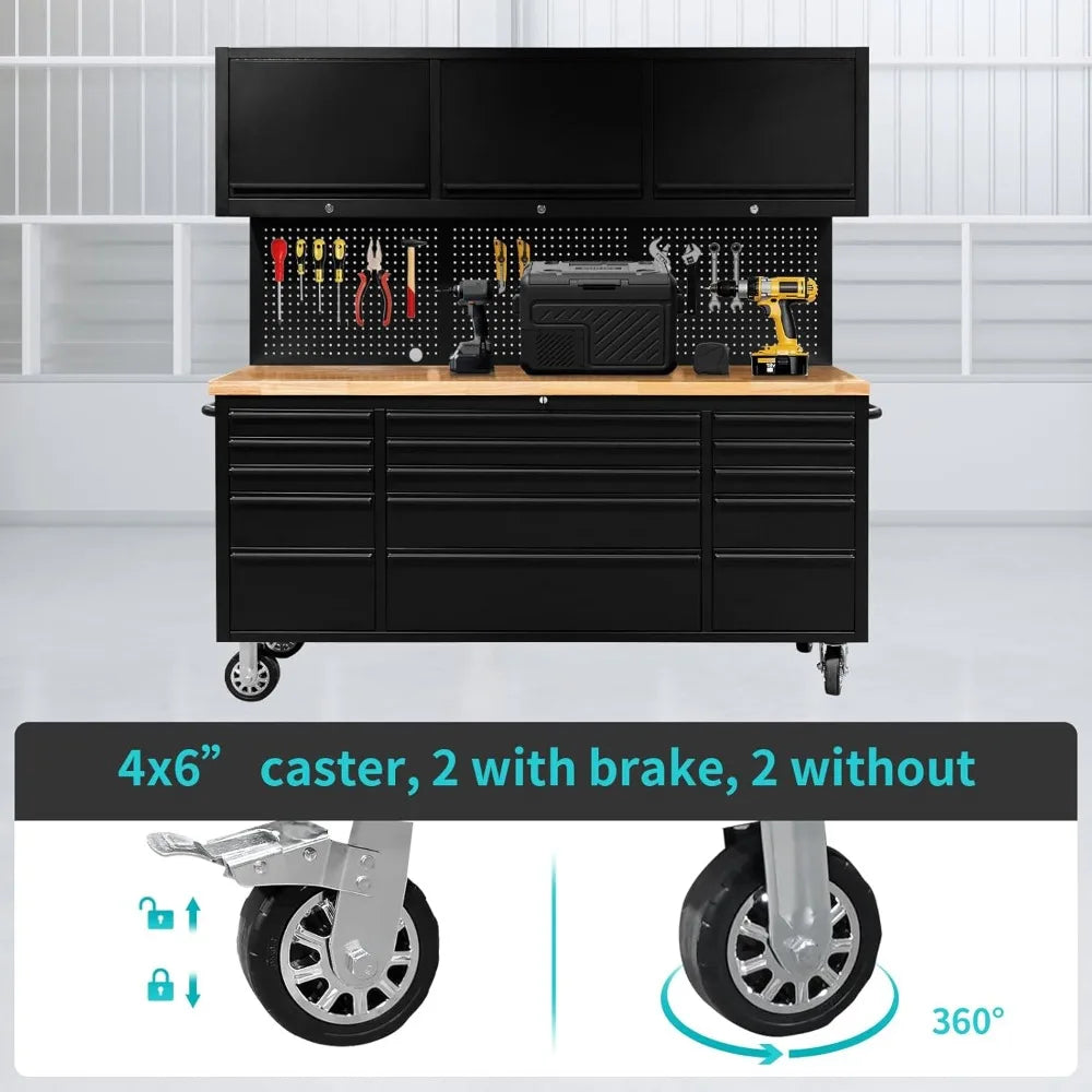 72-Inch Tool Chest Tool Box with 15 Drawers & 3 Upper Cabinets - Mobile Rolling Cabinet with Wheels, SS Pegboard, Locking Key Storage