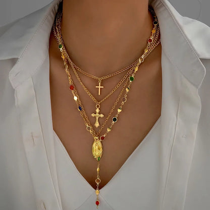 4Pcs Colorful Crystal Necklace Set - Gold & Silver Y-Shaped Pendant Chain Jewelry for Women with Cross Design