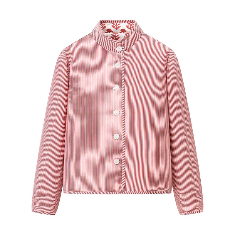 2025 Women’s Printed Quilted Padded Jacket – Collared Cotton Coat with Contrast Piped Pockets, Casual Autumn Outerwear