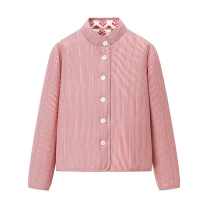 2025 Women’s Printed Quilted Padded Jacket – Collared Cotton Coat with Contrast Piped Pockets, Casual Autumn Outerwear