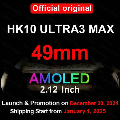 HK10 ULTRA 3 MAX Smartwatch 2025 — 49mm HD AMOLED, 4G Bluetooth Call, NFC, Compass & Chat Robot for Men & Women