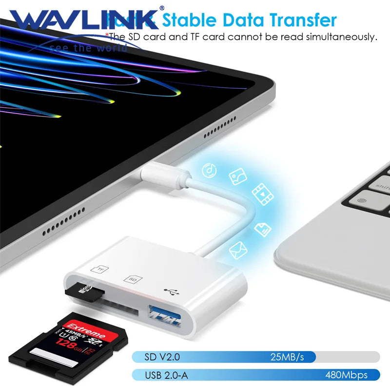 WAVLINK 3-in-1 Lightning Card Reader – SD/TF Card Adapter with USB 2.0 Port for iPhone & Digital Camera File Transfer