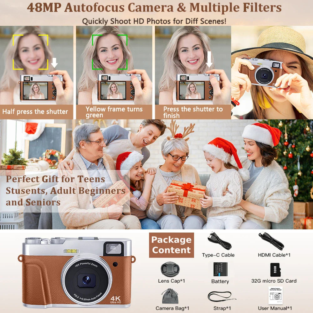 4K Digital Camera – 48MP Auto Focus Vlogging Camera for YouTube, Anti-Shake Video with Viewfinder, Flash & Dial