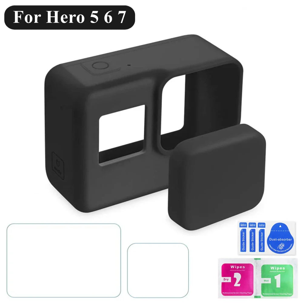 GoPro Hero 7/6/5 Silicone Case — Black with Tempered Glass Screen Protector, Lens Cap & Protective Film Accessories